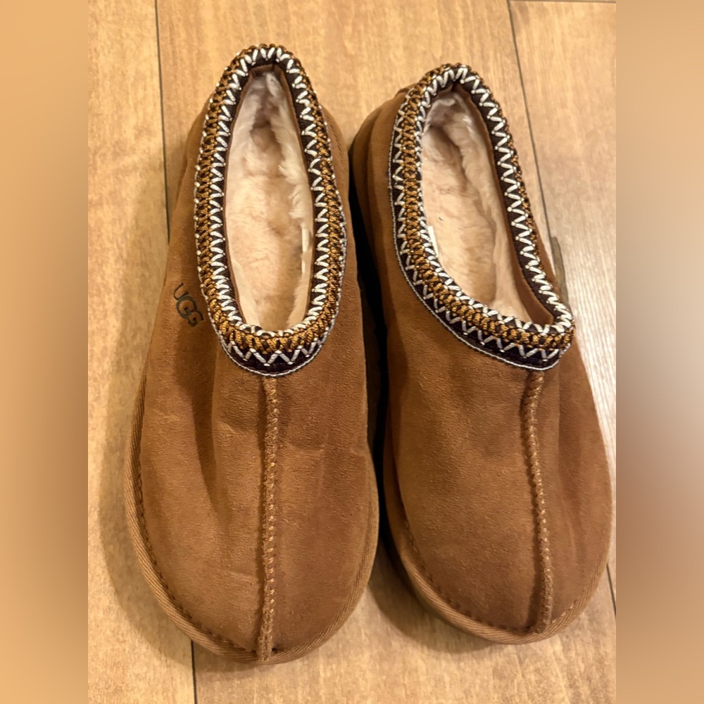 UGG Tan Suede Slip-Ons with Patterned Trim